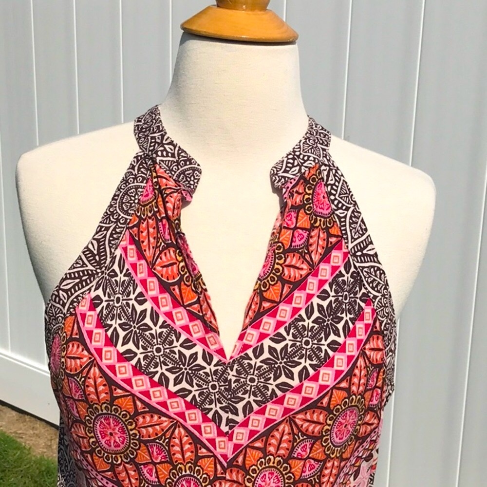 Miami Boho Brown Orange Pink Cream Floral Printed Halter Midi Dress Size Medium - Picture 4 of 16